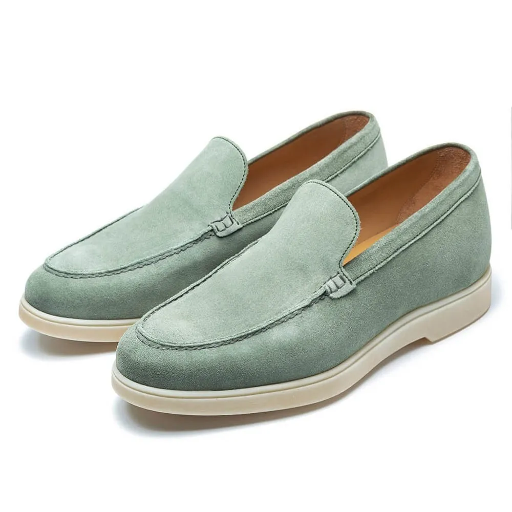 5 CM/1.95 Inches CMR CHAMARIPA Handcrafted Height Increasing Shoes For Men - Light Green Suede Apron Toe Loafers