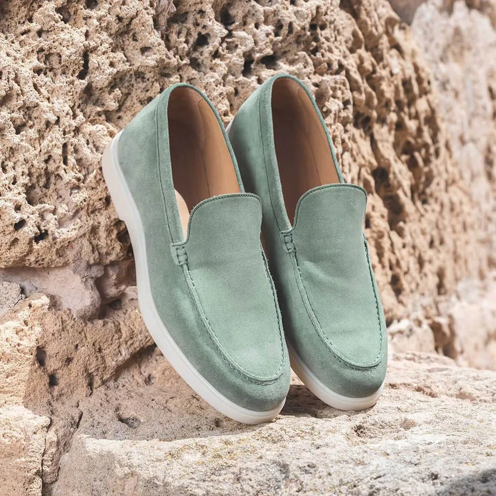 5 CM/1.95 Inches CMR CHAMARIPA Handcrafted Height Increasing Shoes For Men - Light Green Suede Apron Toe Loafers