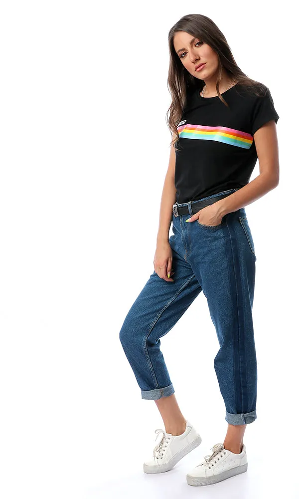 54105 Colorful Rays Printed Black T-Shirt