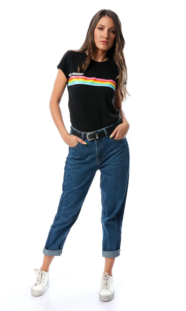 54105 Colorful Rays Printed Black T-Shirt