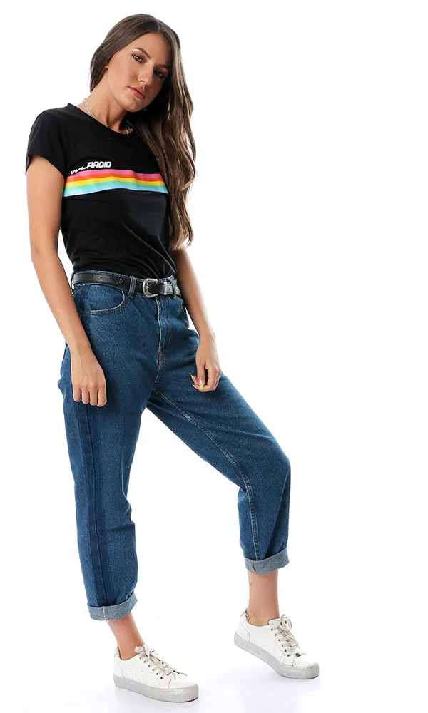 54105 Colorful Rays Printed Black T-Shirt