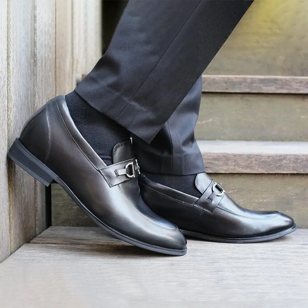 7 CM /2.76 Inches - CMR CHAMARIPA Men Shoes With Heels Bit Loafers Black Leather Fur Lined Winter Shoes
