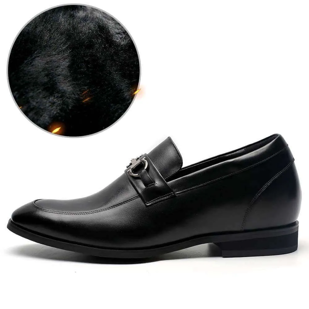 7 CM /2.76 Inches - CMR CHAMARIPA Men Shoes With Heels Bit Loafers Black Leather Fur Lined Winter Shoes