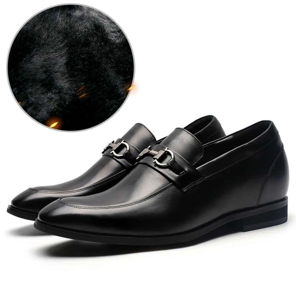 7 CM /2.76 Inches - CMR CHAMARIPA Men Shoes With Heels Bit Loafers Black Leather Fur Lined Winter Shoes