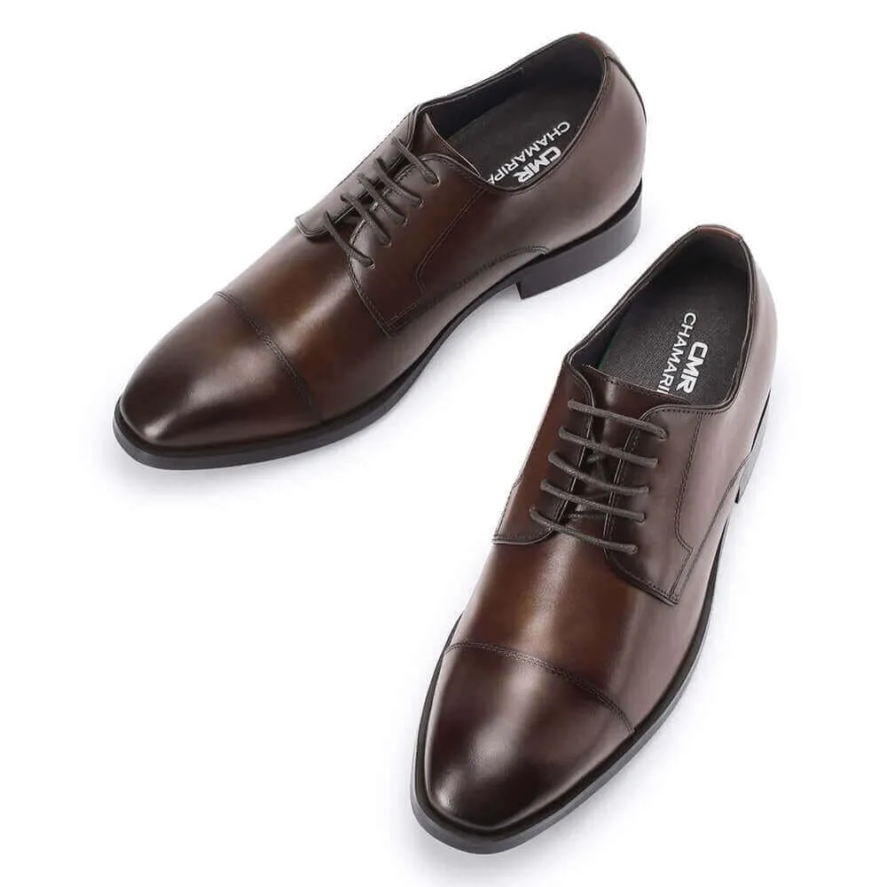 7 CM / 2.76 Inches CMR CHAMARIPA Taller Shoes - Elevator Shoes For Men - Brown Leather Derby Dress Shoes