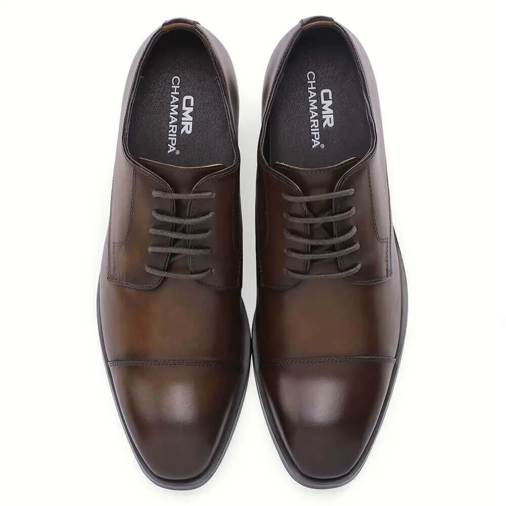 7 CM / 2.76 Inches CMR CHAMARIPA Taller Shoes - Elevator Shoes For Men - Brown Leather Derby Dress Shoes