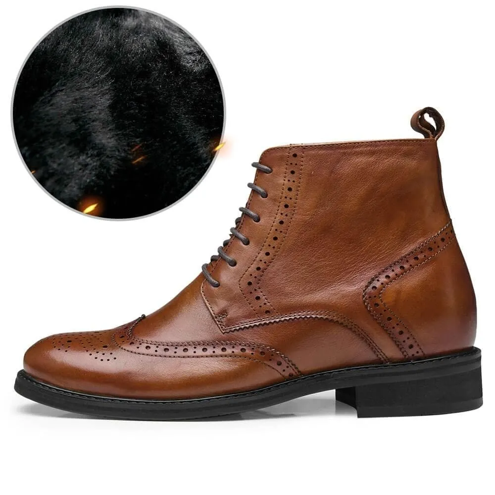 7CM / 2.76 Inches - CMR CHAMARIPA Invisible Height Increasing Elevator Boots Brown Fur-Lined Winter Boots For Men