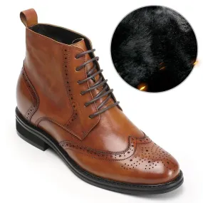 7CM / 2.76 Inches - CMR CHAMARIPA Invisible Height Increasing Elevator Boots Brown Fur-Lined Winter Boots For Men