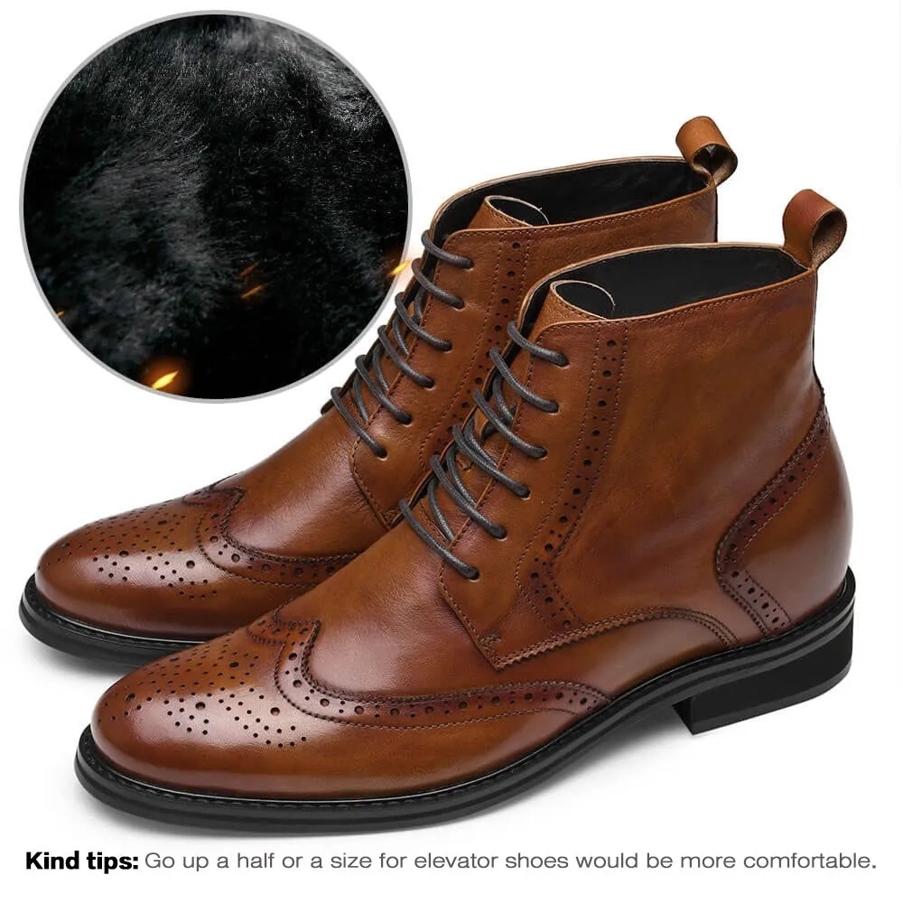 7CM / 2.76 Inches - CMR CHAMARIPA Invisible Height Increasing Elevator Boots Brown Fur-Lined Winter Boots For Men