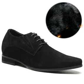 8CM/3.15  Inches - CMR CHAMARIPA  Height Increase Suede Shoes Fur-Lined Black High Heel Men Dress Shoes
