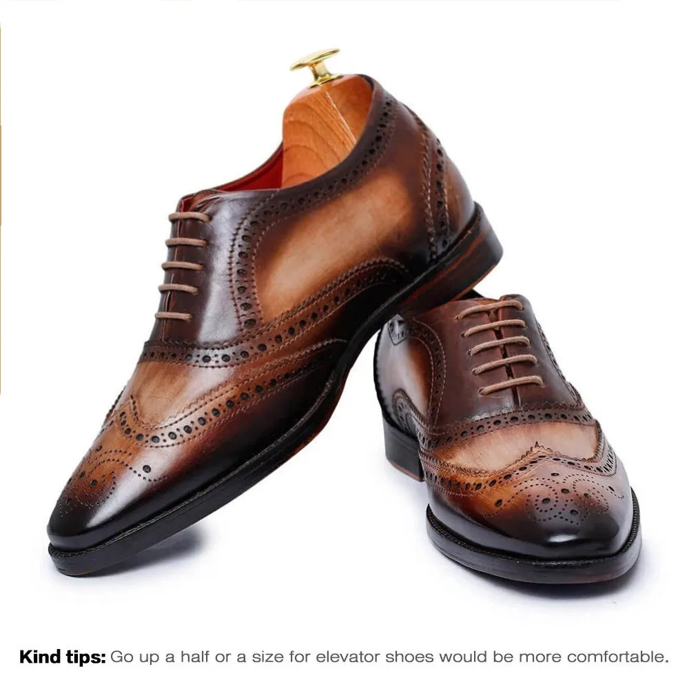 CMR CHAMARIPA Men's Elevator Shoes - Handcrafted Wingtip Brogue Oxford - Brown 7 CM /2.76 Inches