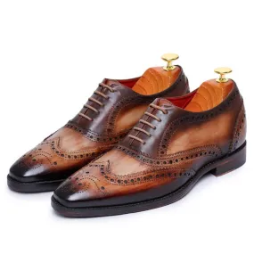 CMR CHAMARIPA Men's Elevator Shoes - Handcrafted Wingtip Brogue Oxford - Brown 7 CM /2.76 Inches