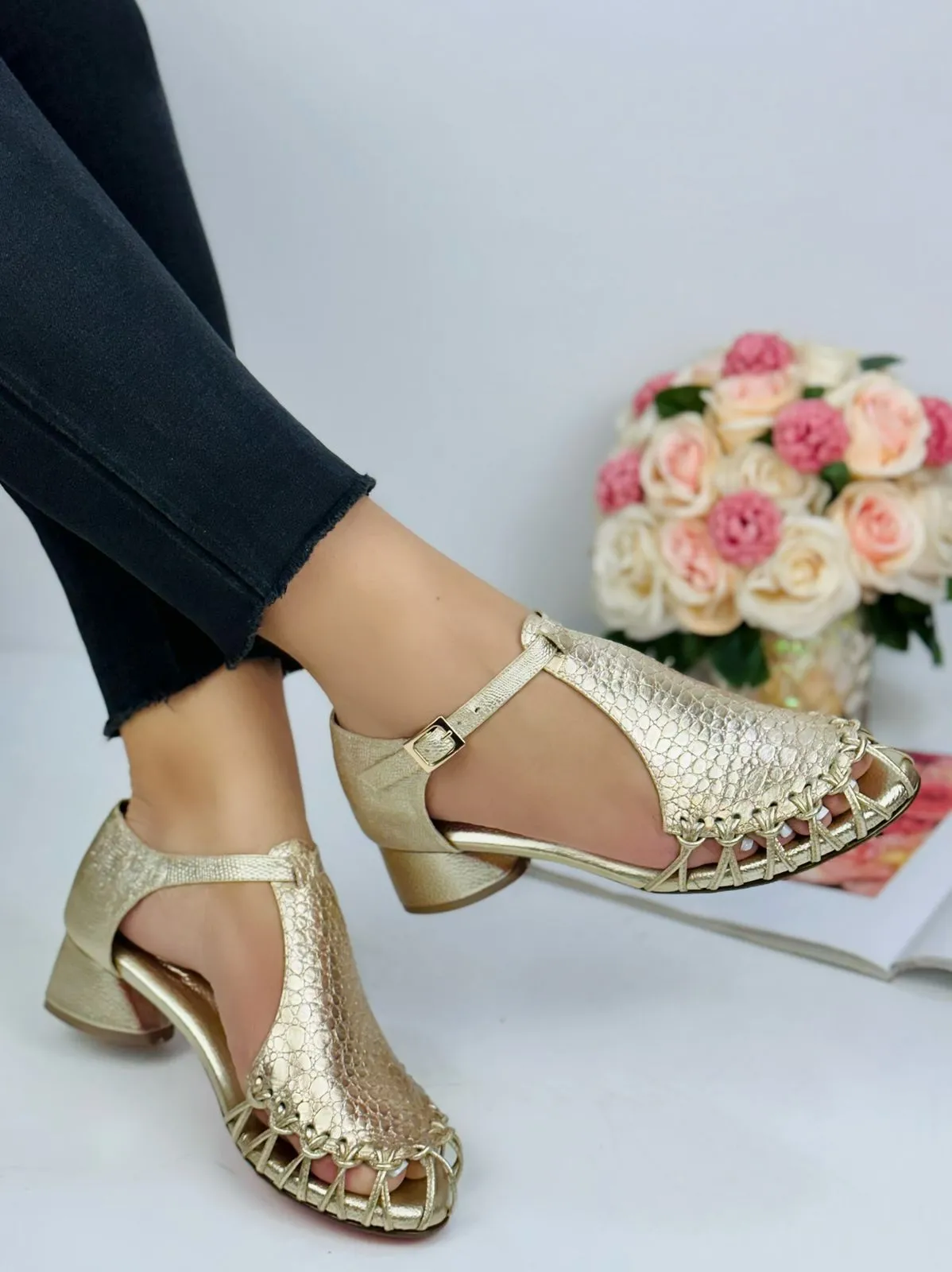 Gold Metallic T-Strap Low Heels