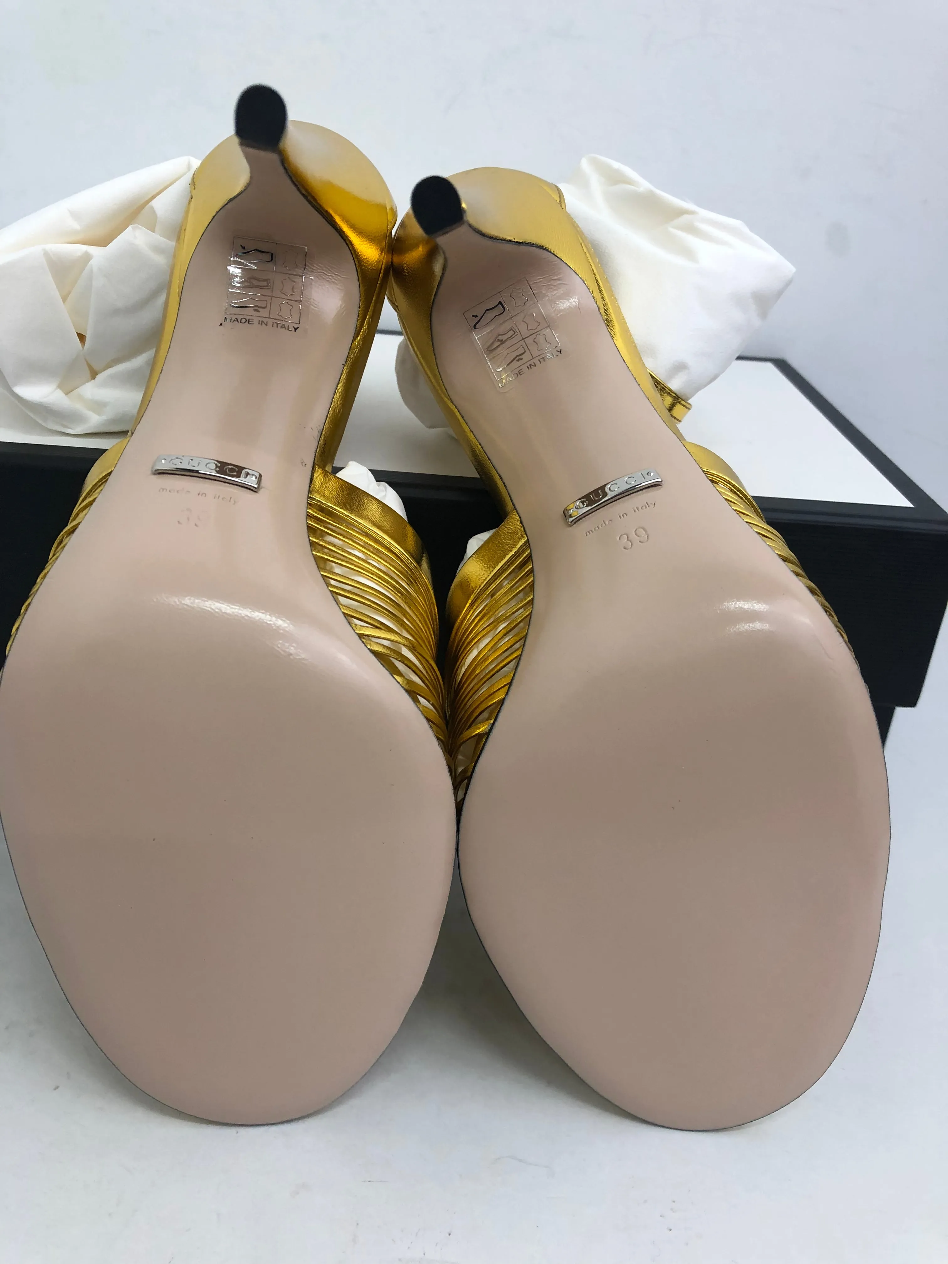 Gucci Women's Oro Vecchio Nappa Silk Gold Heeled Sandal Size 36-39