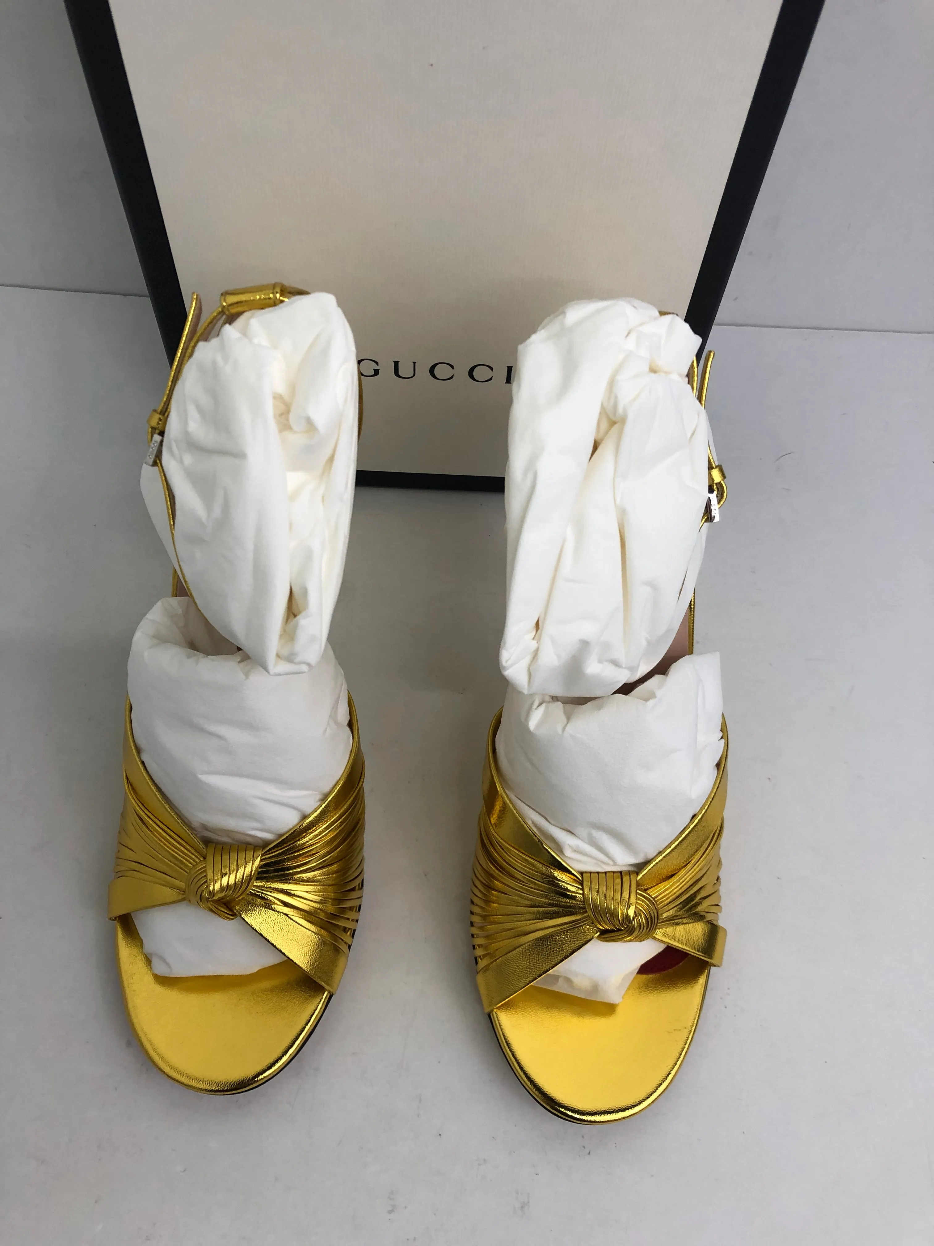 Gucci Women's Oro Vecchio Nappa Silk Gold Heeled Sandal Size 36-39