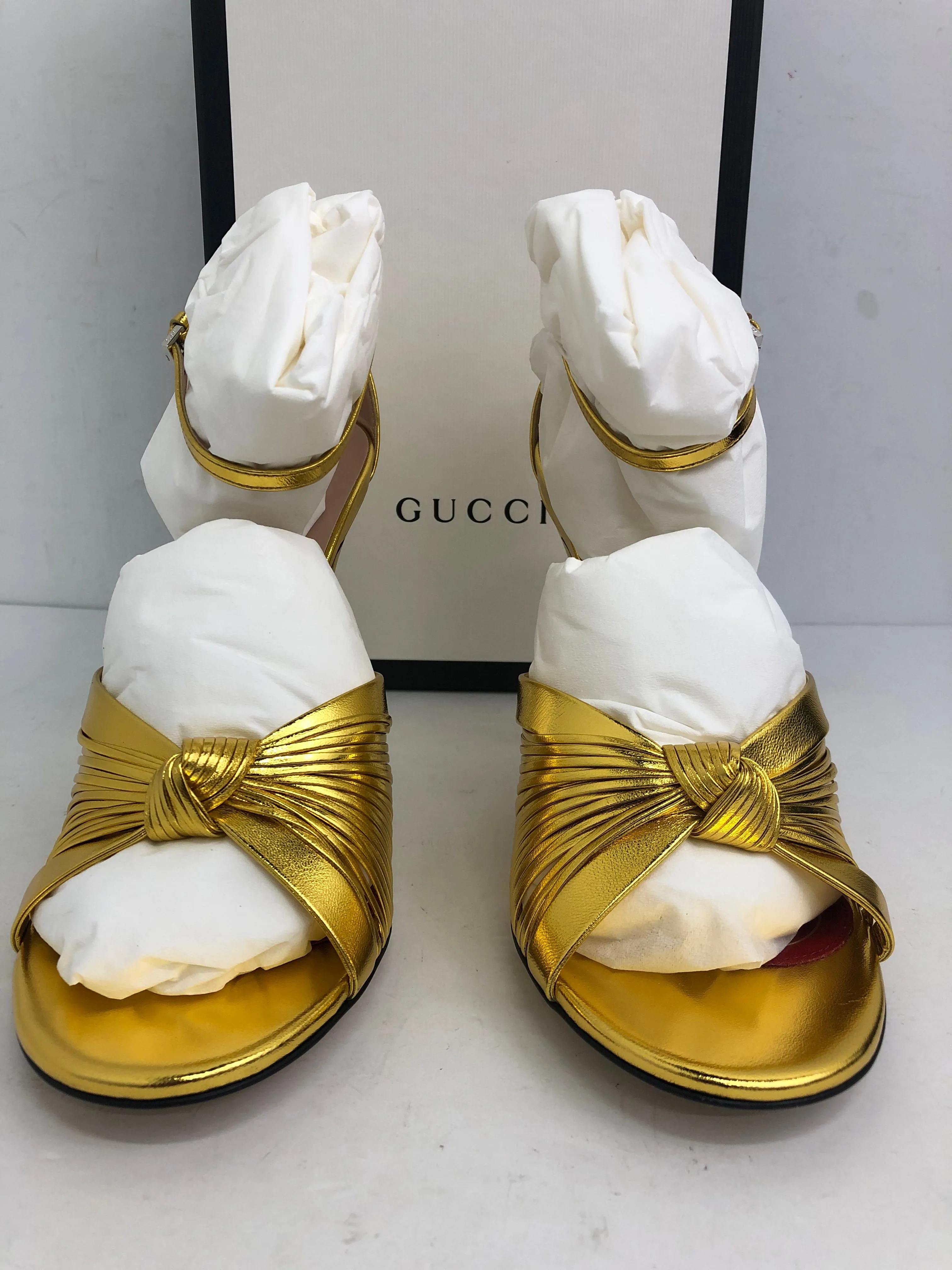 Gucci Women's Oro Vecchio Nappa Silk Gold Heeled Sandal Size 36-39