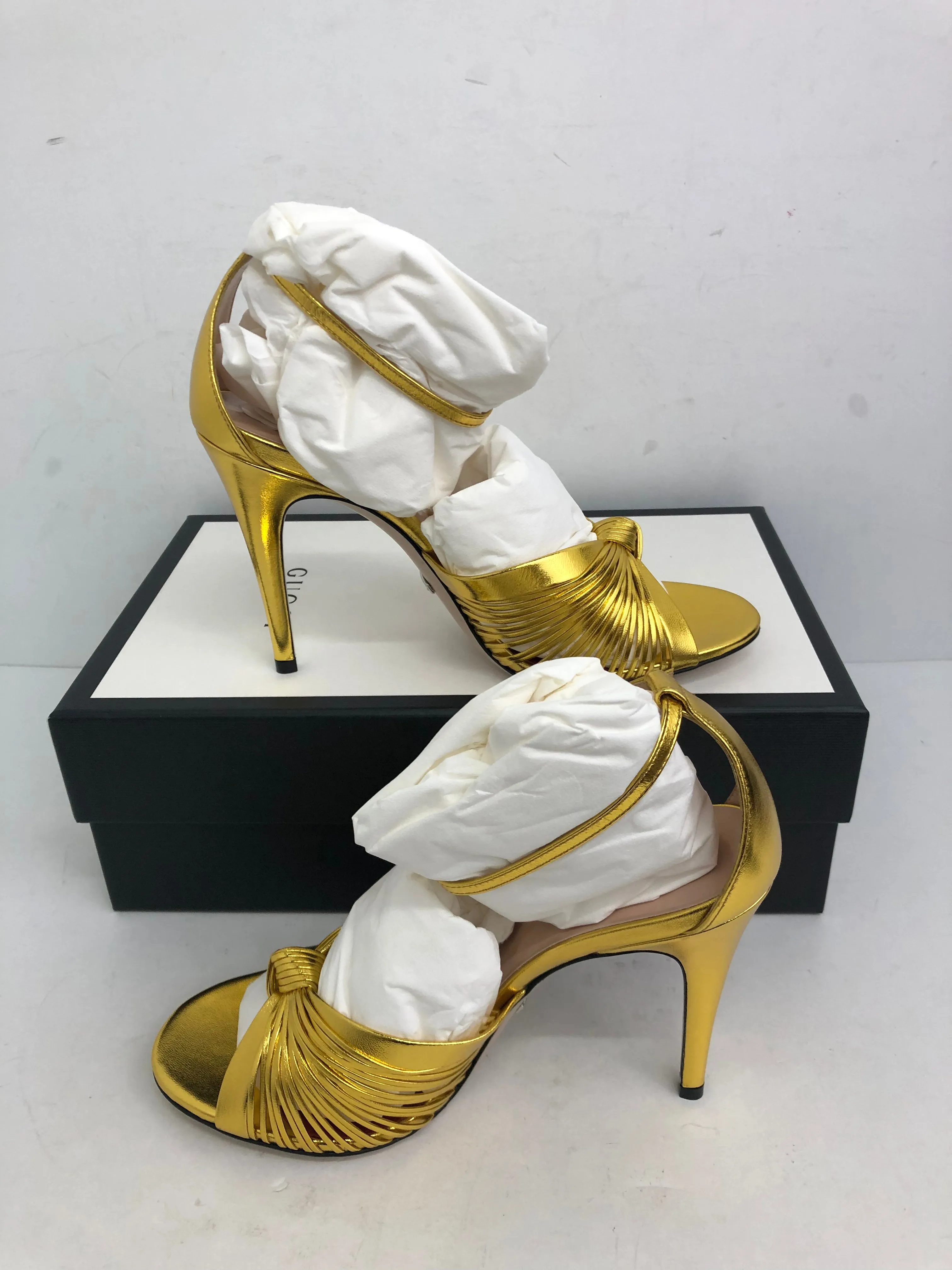Gucci Women's Oro Vecchio Nappa Silk Gold Heeled Sandal Size 36-39