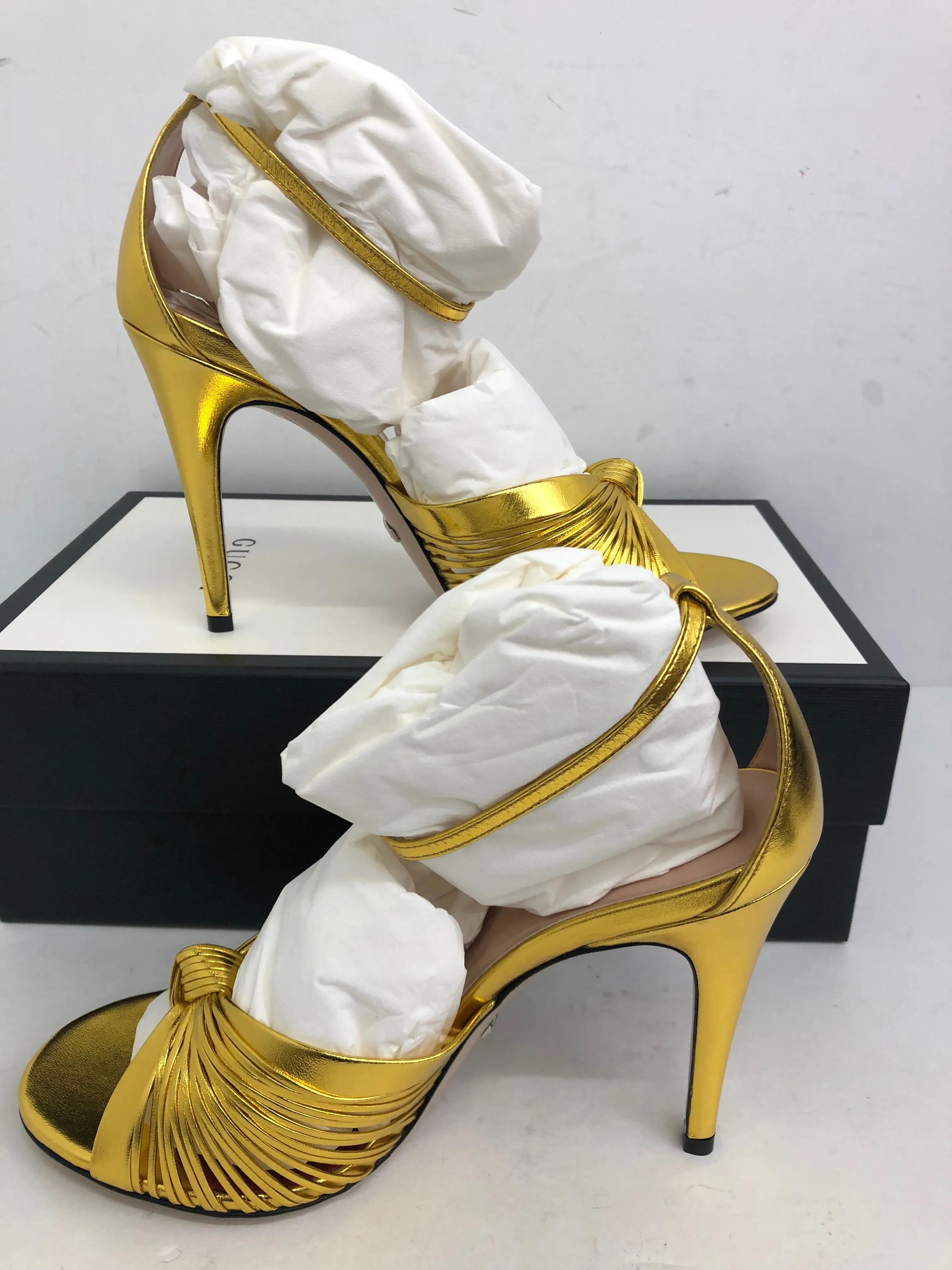 Gucci Women's Oro Vecchio Nappa Silk Gold Heeled Sandal Size 36-39