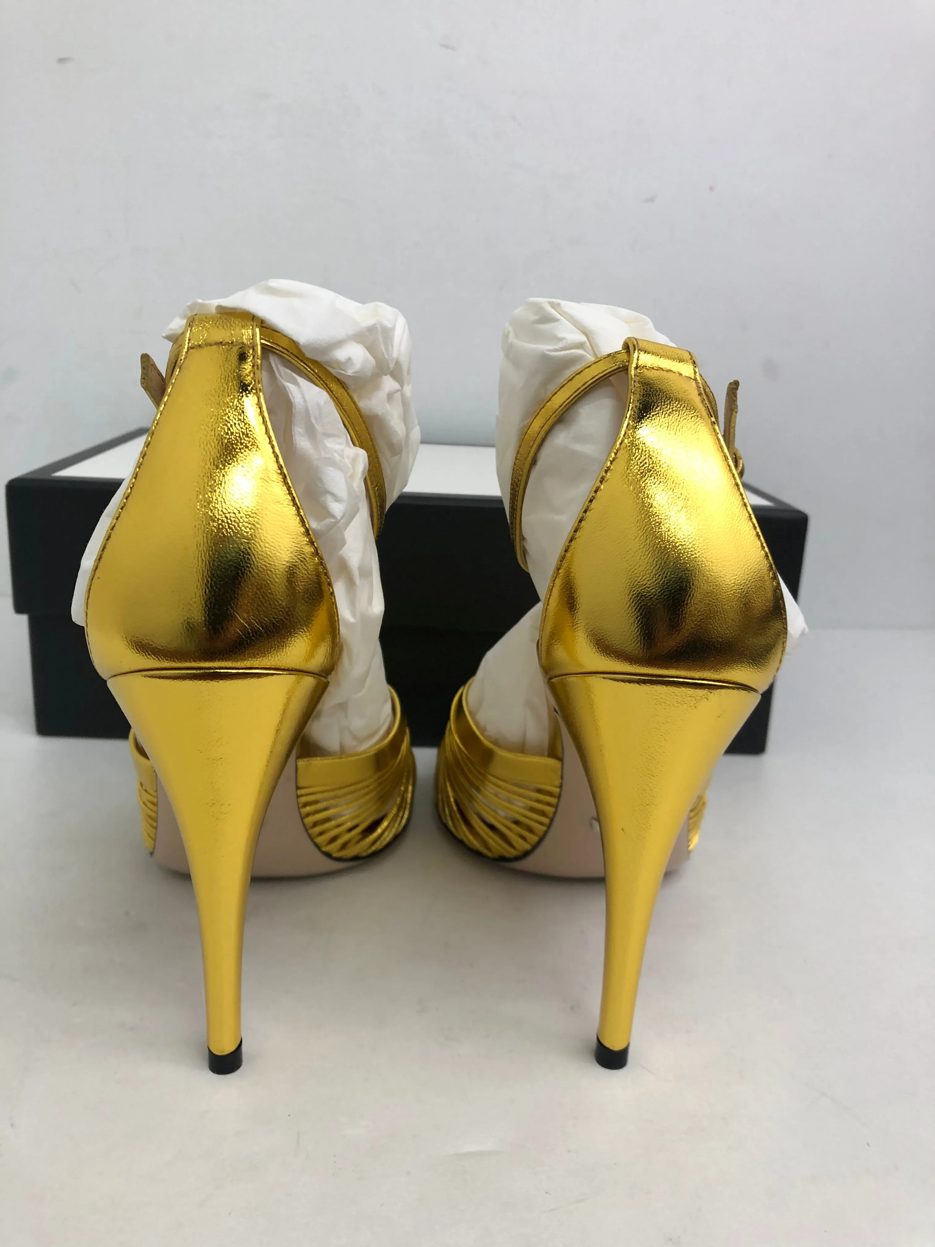 Gucci Women's Oro Vecchio Nappa Silk Gold Heeled Sandal Size 36-39