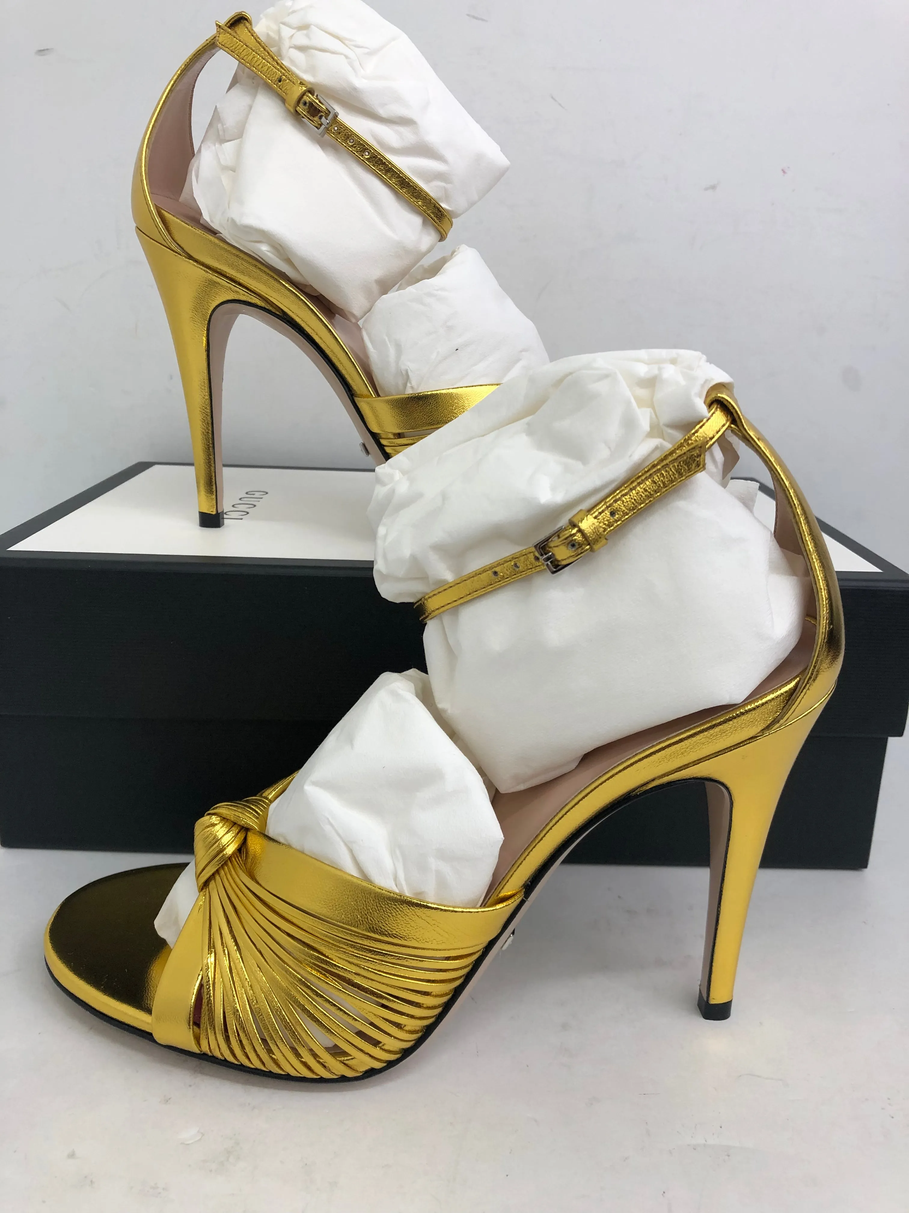 Gucci Women's Oro Vecchio Nappa Silk Gold Heeled Sandal Size 36-39