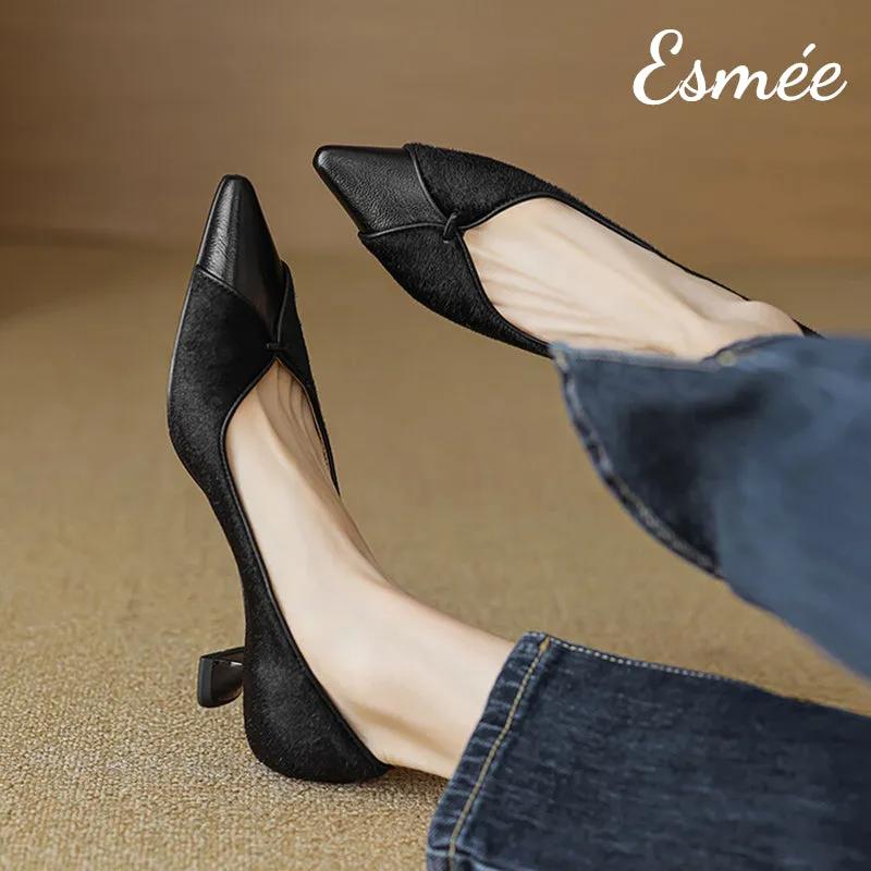 Leather High Heels with Horsehair Design