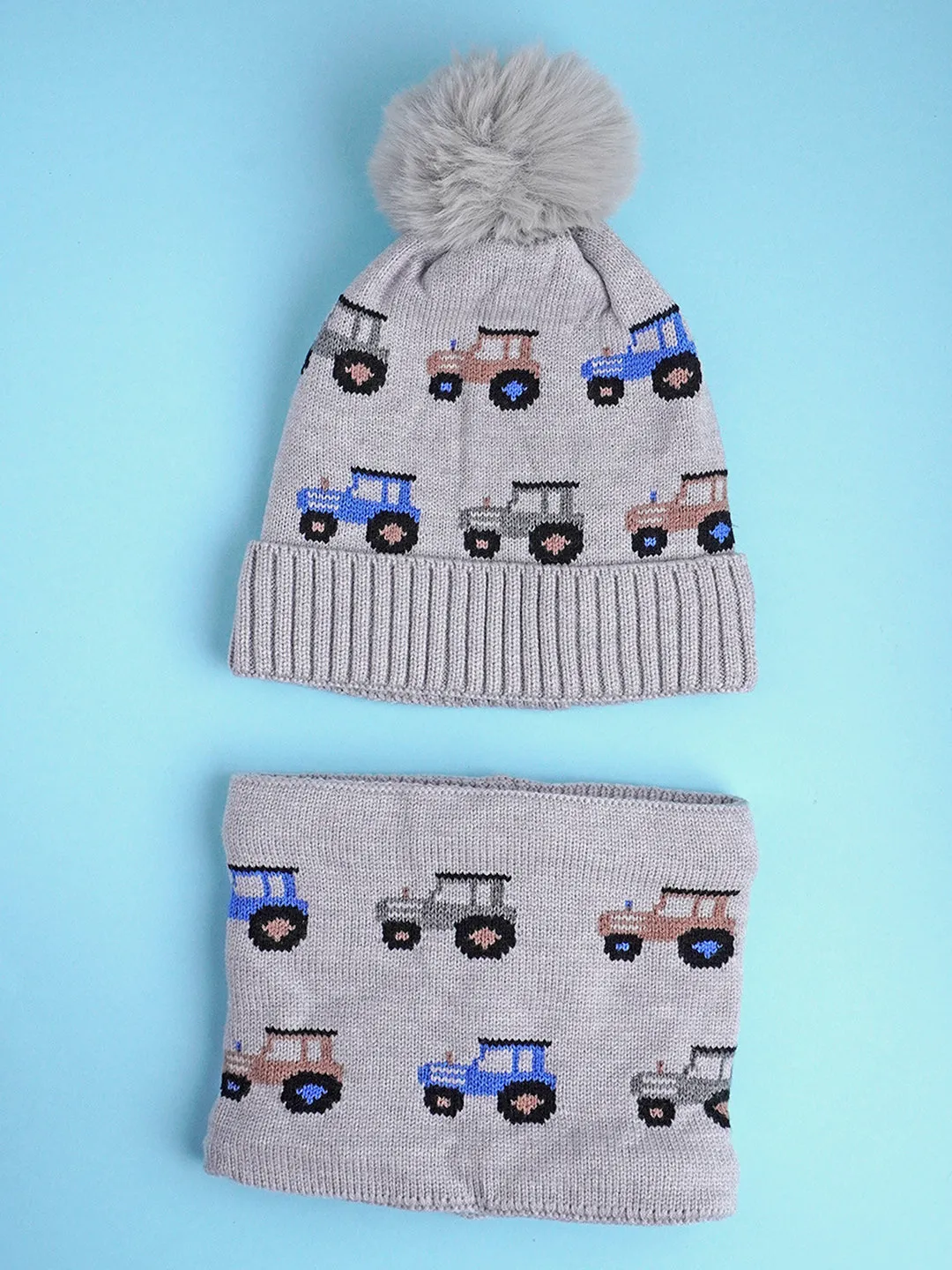 Little Surprise Box 2Pcs Cars Themed Winter Cap With Neck Cuff Style Muffler For Kids
