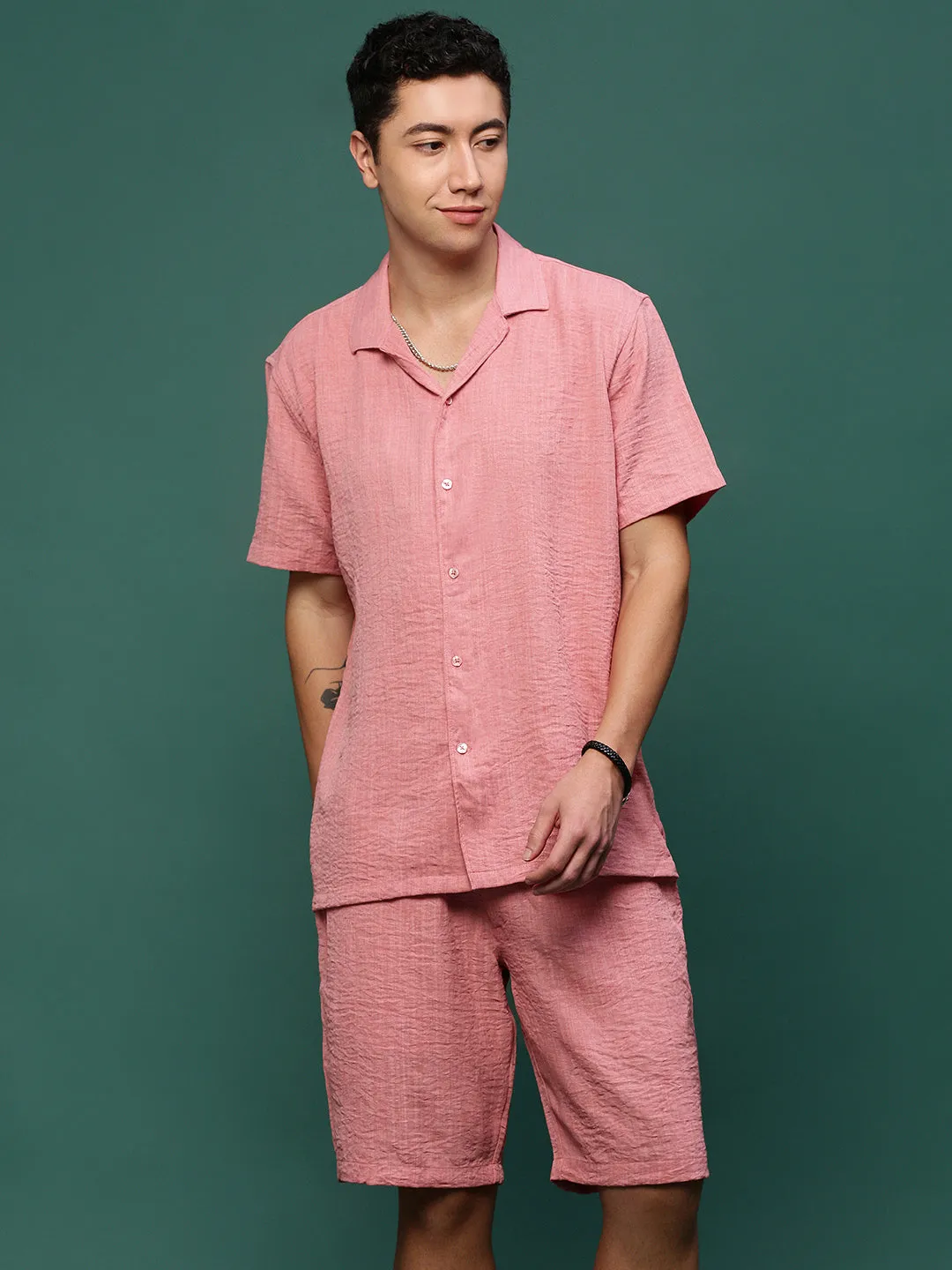 Men Pink Cuban Collar Solid Co Ords Set