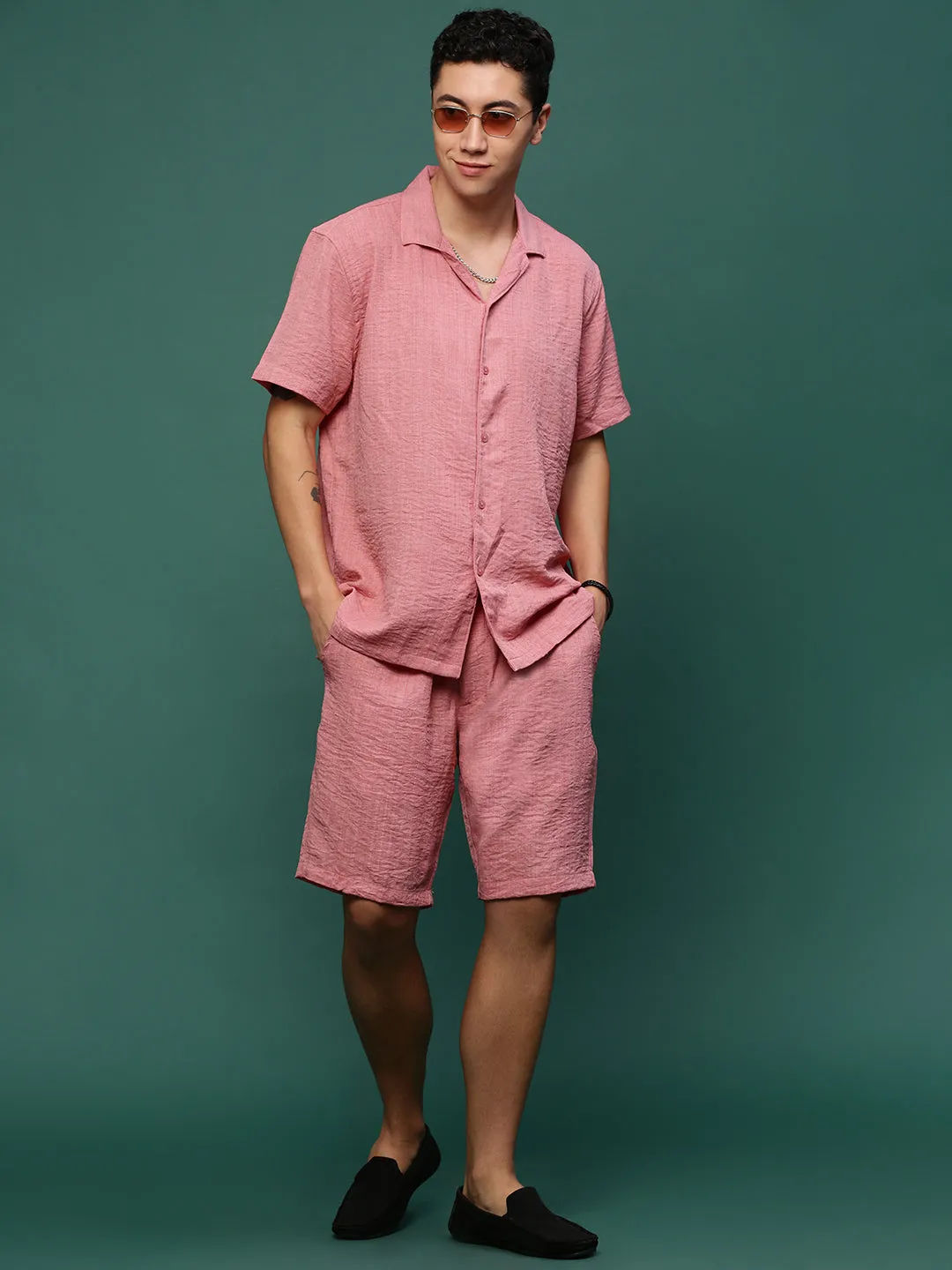 Men Pink Cuban Collar Solid Co Ords Set