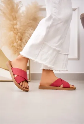 SLIP ON SANDALS CRISSCROSS BAND STRAP FLIP FLOP SLIDERS IN RED