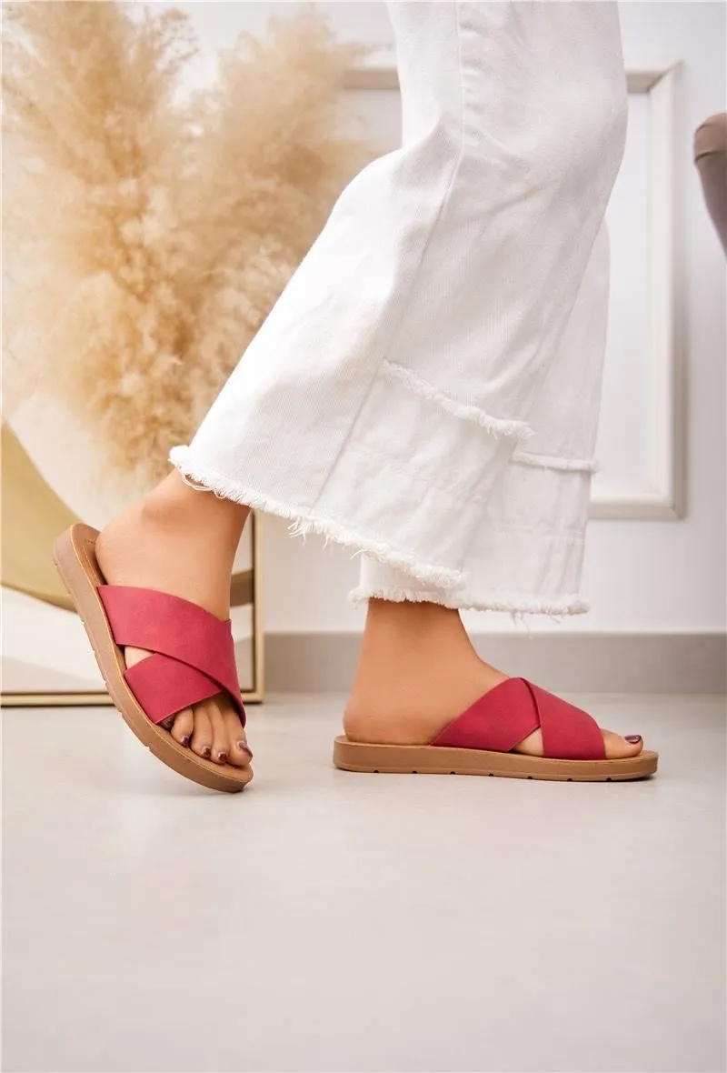 SLIP ON SANDALS CRISSCROSS BAND STRAP FLIP FLOP SLIDERS IN RED