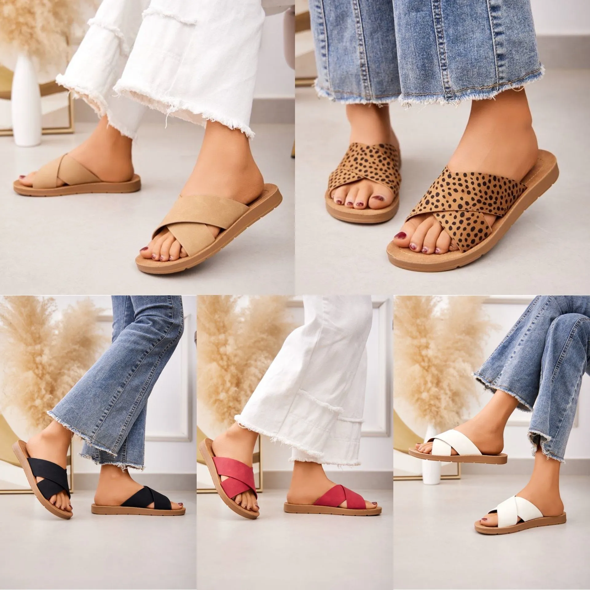 SLIP ON SANDALS CRISSCROSS BAND STRAP FLIP FLOP SLIDERS IN RED