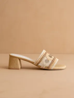 The Gia | Beige Raffia Mule With Woven Embroidered Strap